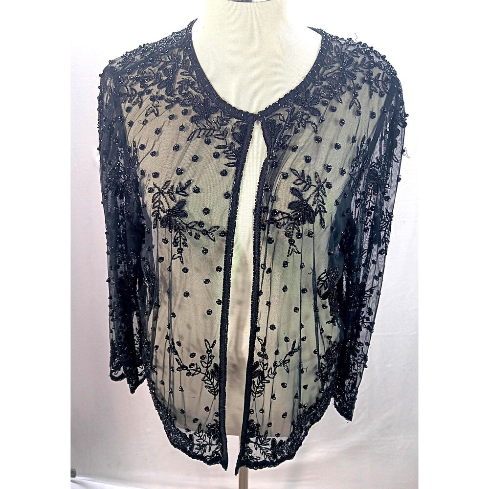 Vintage Black Sheer Jacket, cardigan, Beaded Dark Romance, Weddings sz L